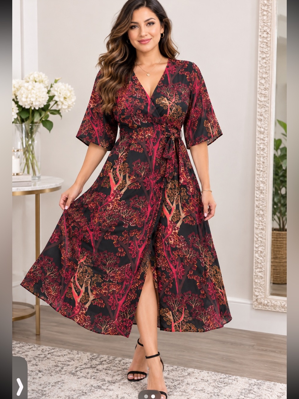 Mixed Women's Burgundy & Black Floral Wrap Long Dress size L